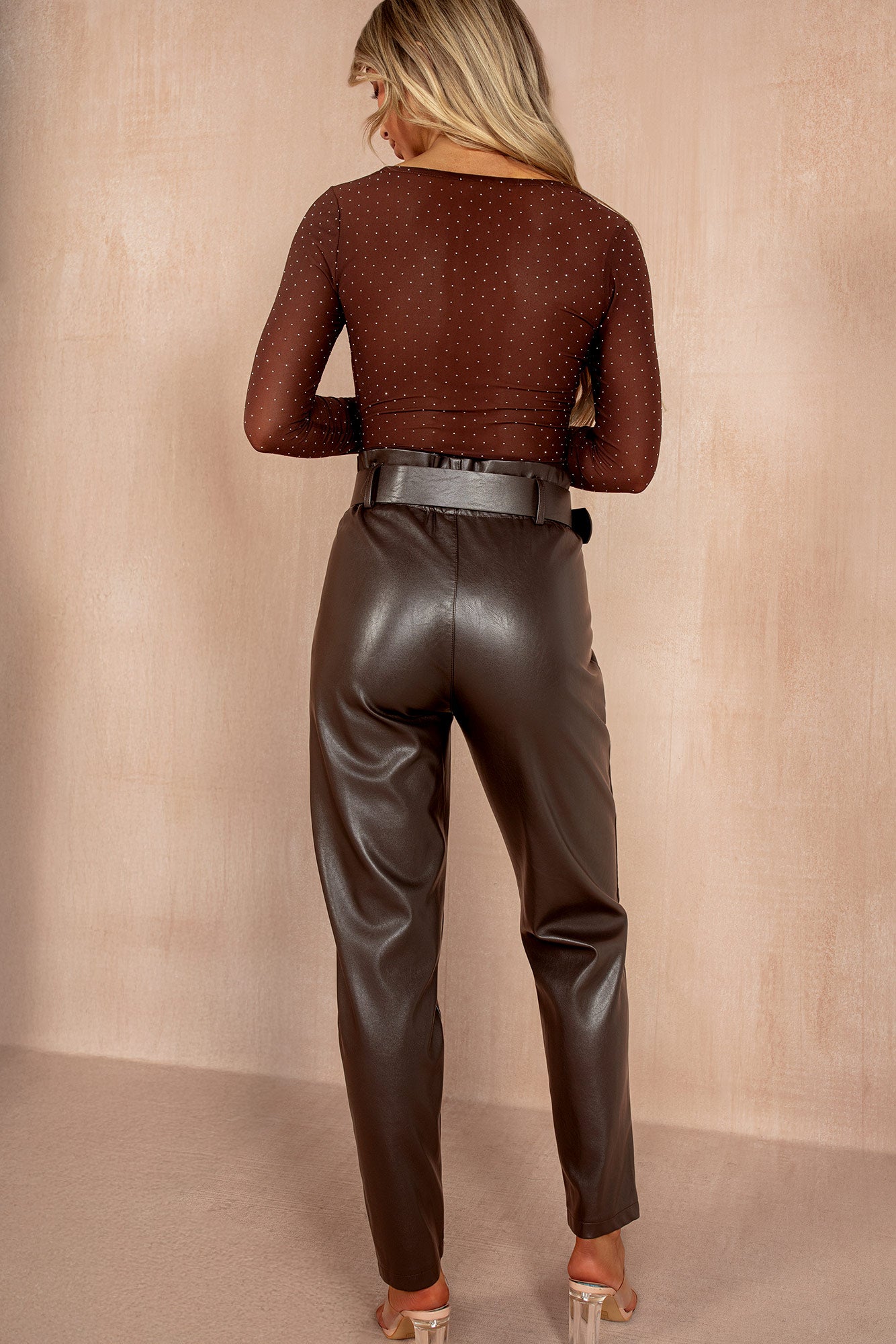 India Chocolate Leather Look Paperbag Trousers - Image 3