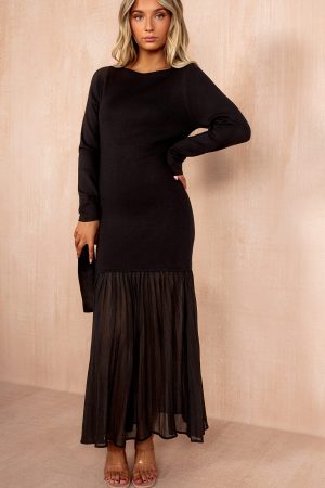 Irina Black Knit Chiffon Hem Maxi Dress