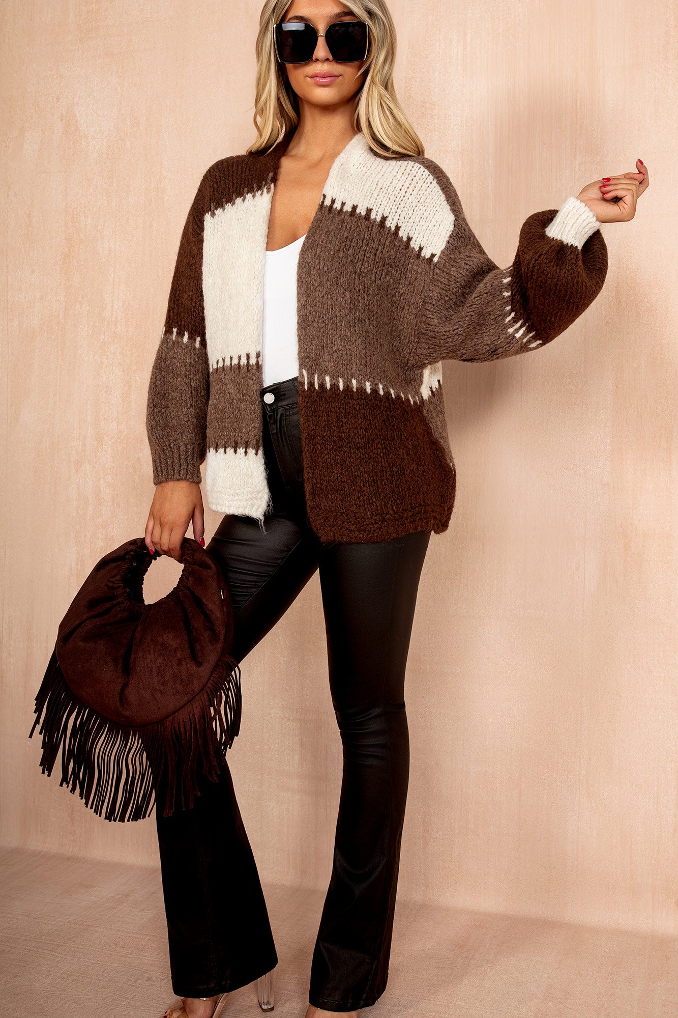 Kirsty Chocolate Colour Block Knit Cardigan - Image 2