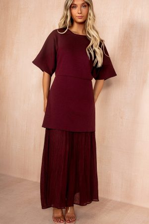 Lesley Burgundy Knit Contrast 2 in 1 Maxi Dress
