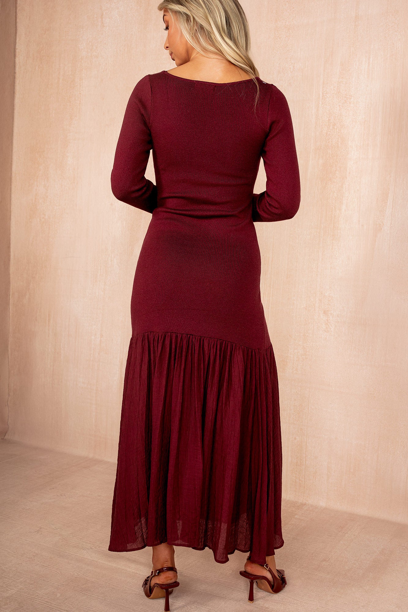 Mariah Burgundy Knit Chiffon Hem Maxi Dress - Image 4