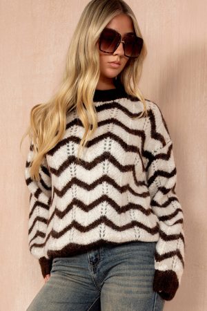 Perla Chocolate Chunky Knit Printed Jumper