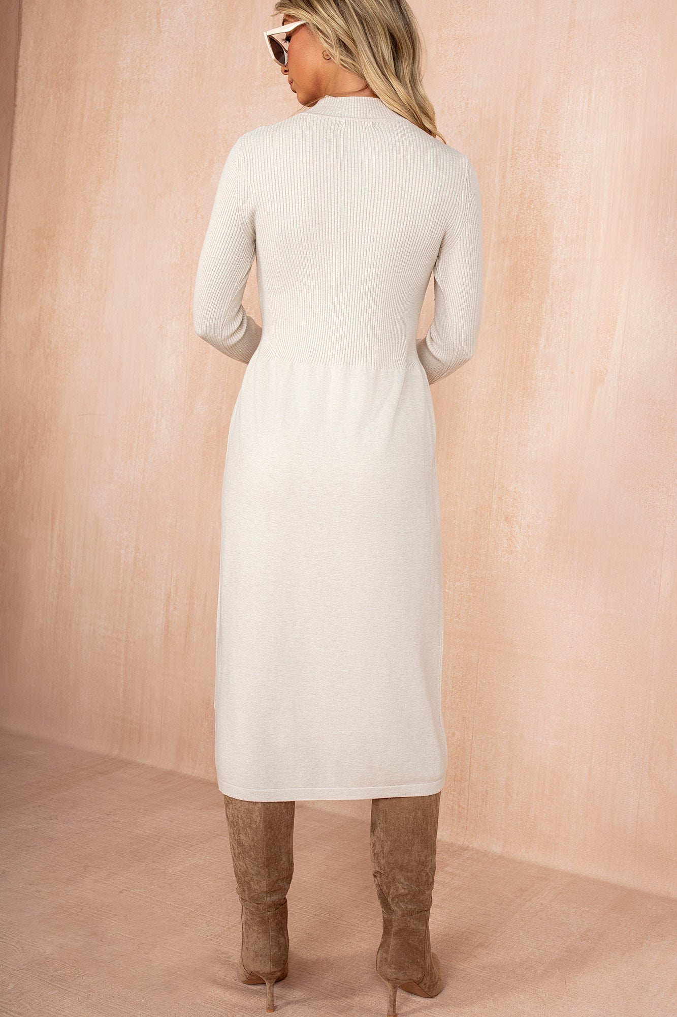 Queeva Cream Fine Knit Midi Dress - Image 3