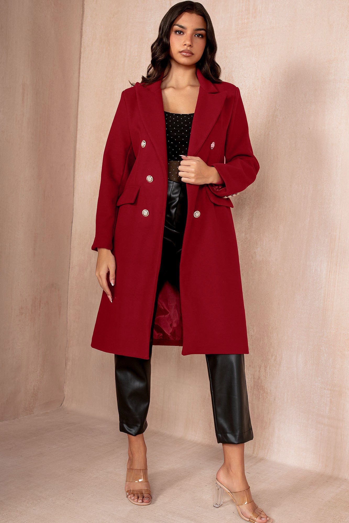 Winona Burgundy Longline Double Breasted Coat - Image 5
