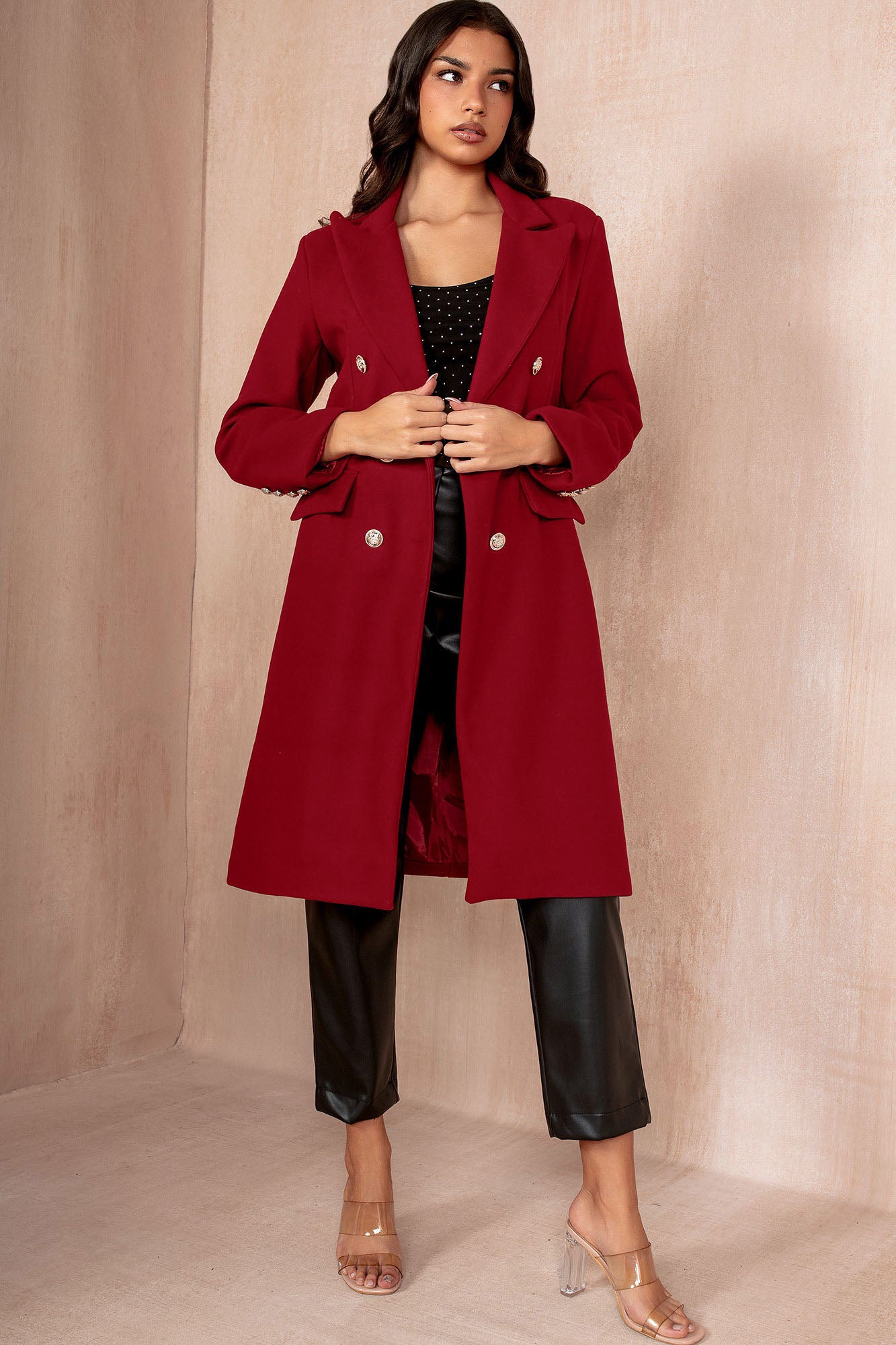 Winona Burgundy Longline Double Breasted Coat - Image 7