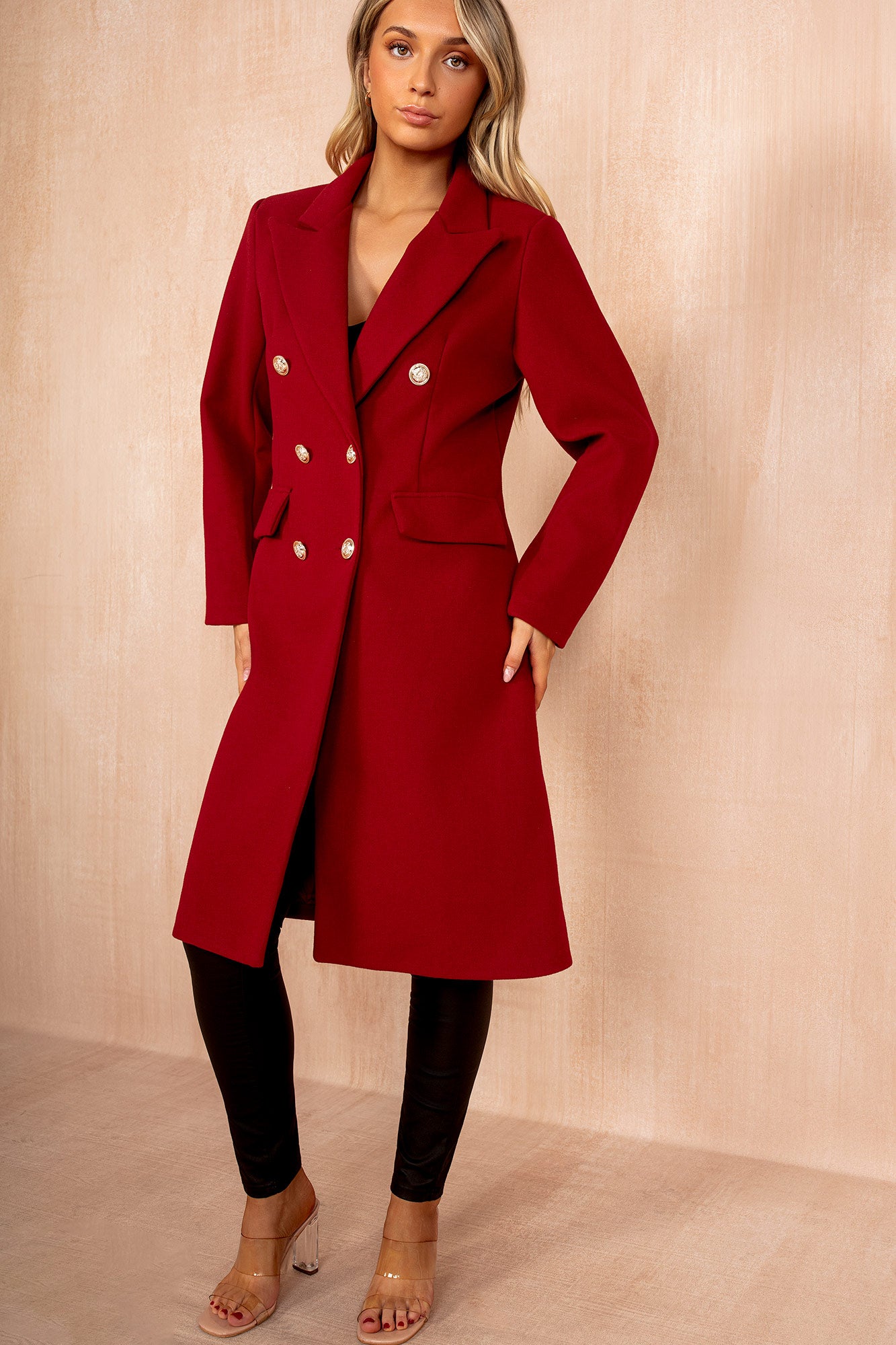 Winona Burgundy Longline Double Breasted Coat - Image 2