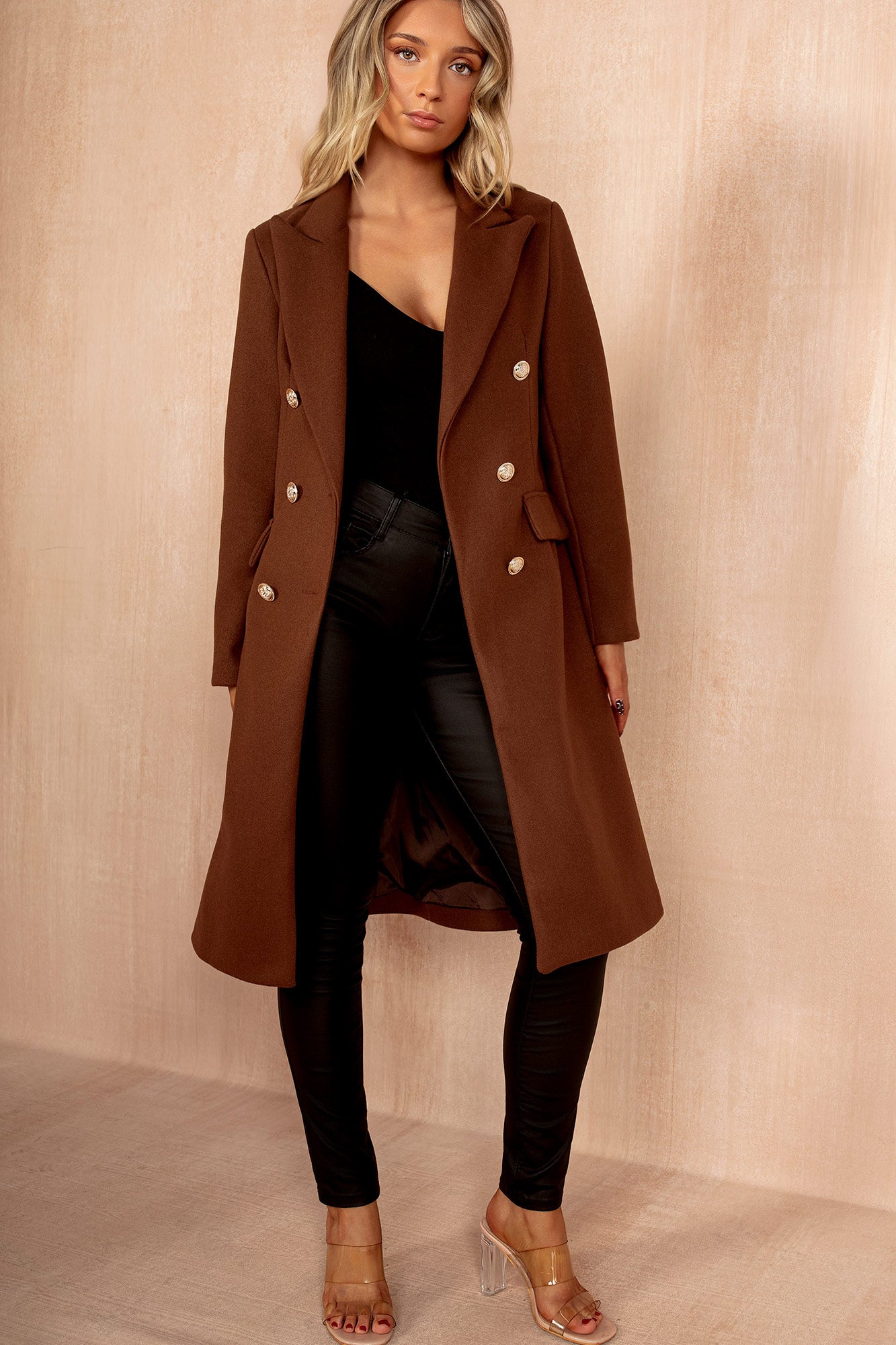 Winona Chocolate Longline Double Breasted Coat - Image 3