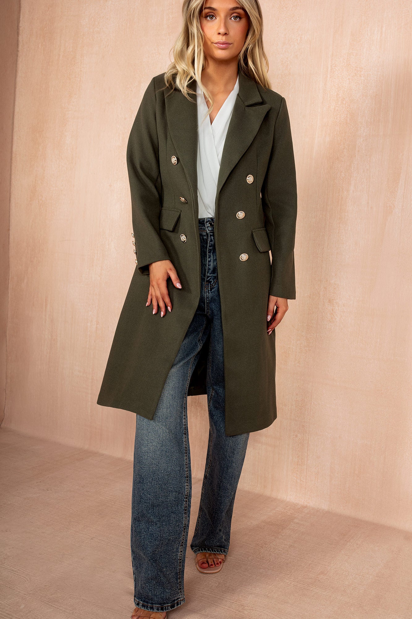 Winona Khaki Longline Double Breasted Coat - Image 3